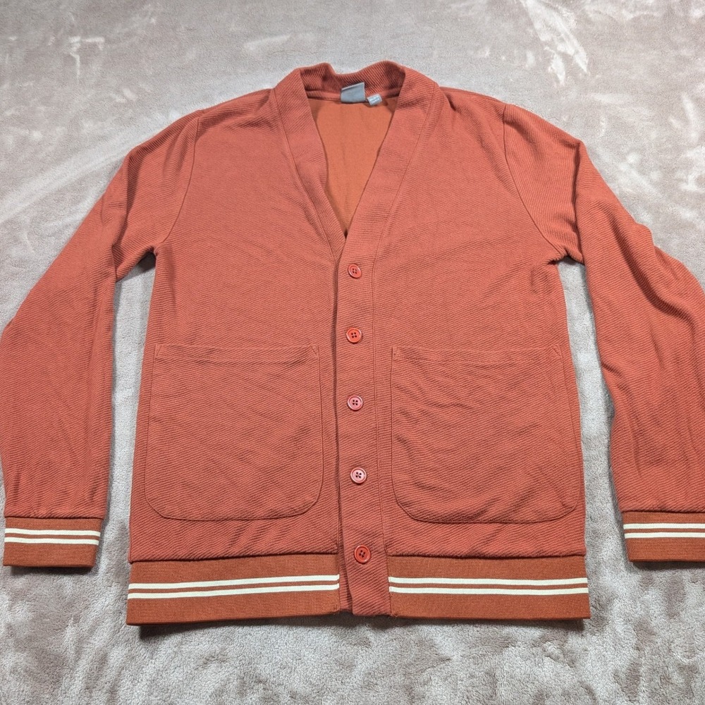 ASOS Cardigan Mens Small Rust Orange Textured Varsity Striped V-Neck Pockets